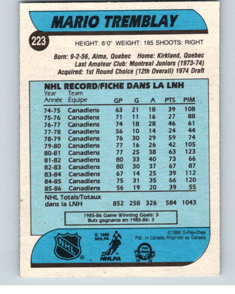 1986-87 O-Pee-Chee #223 Mario Tremblay Montreal Canadiens V63652 Image 2