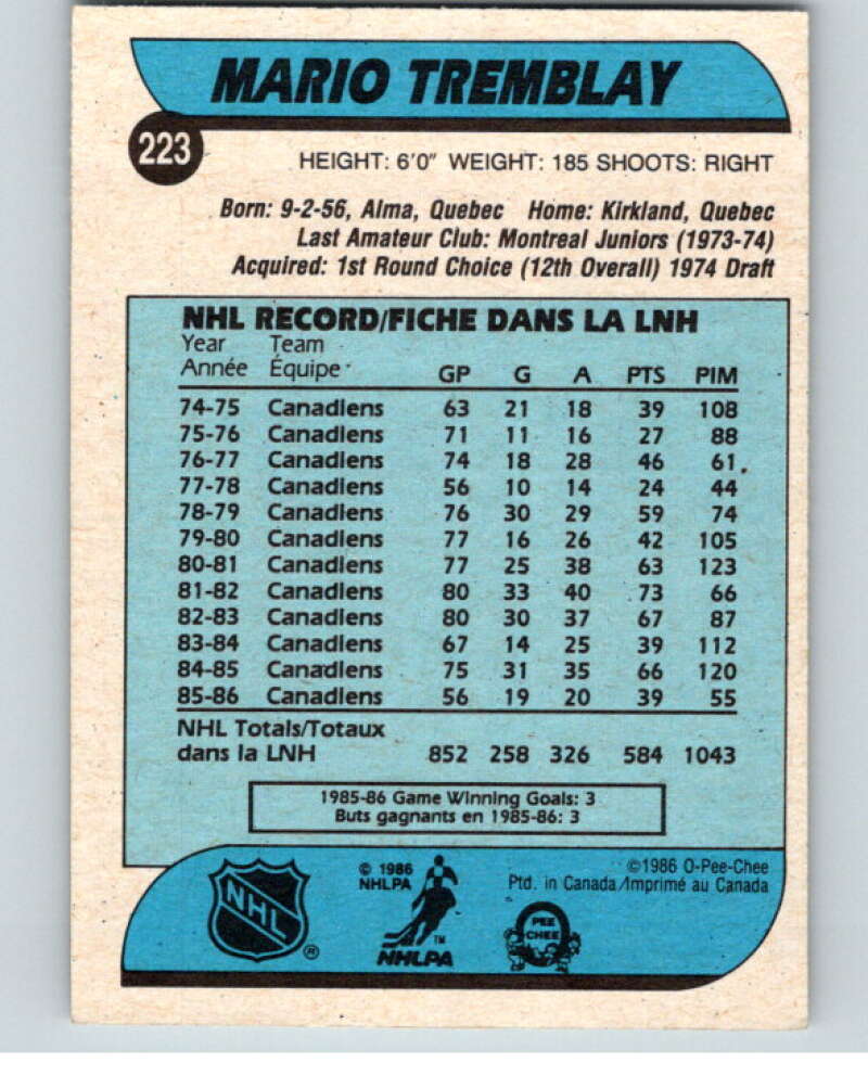 1986-87 O-Pee-Chee #223 Mario Tremblay Montreal Canadiens V63653 Image 2