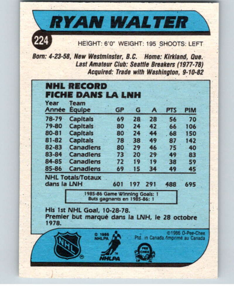 1986-87 O-Pee-Chee #224 Ryan Walter Montreal Canadiens V63657 Image 2