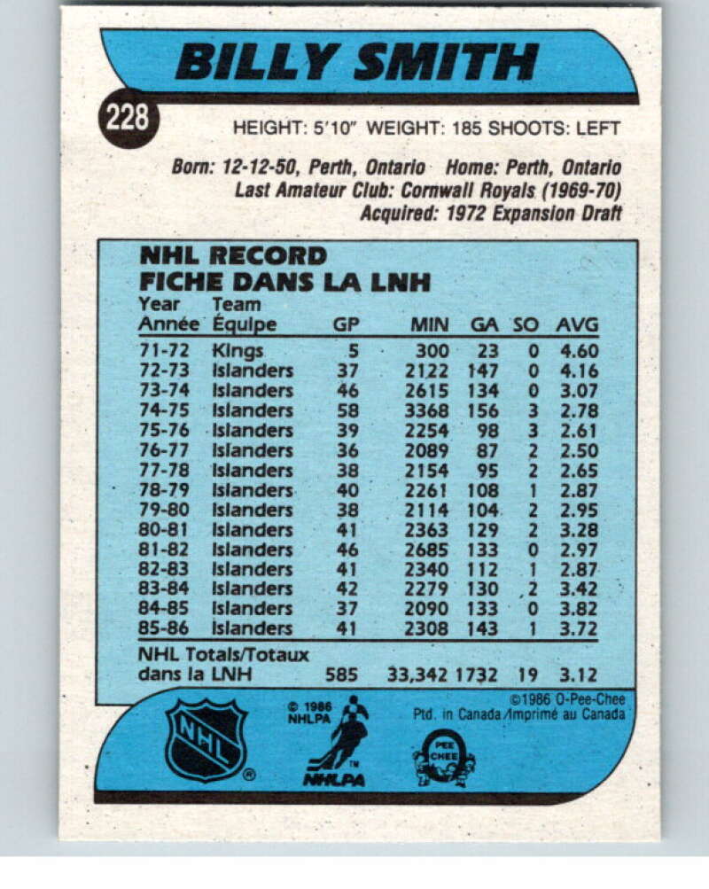 1986-87 O-Pee-Chee #228 Billy Smith New York Islanders V63667 Image 2