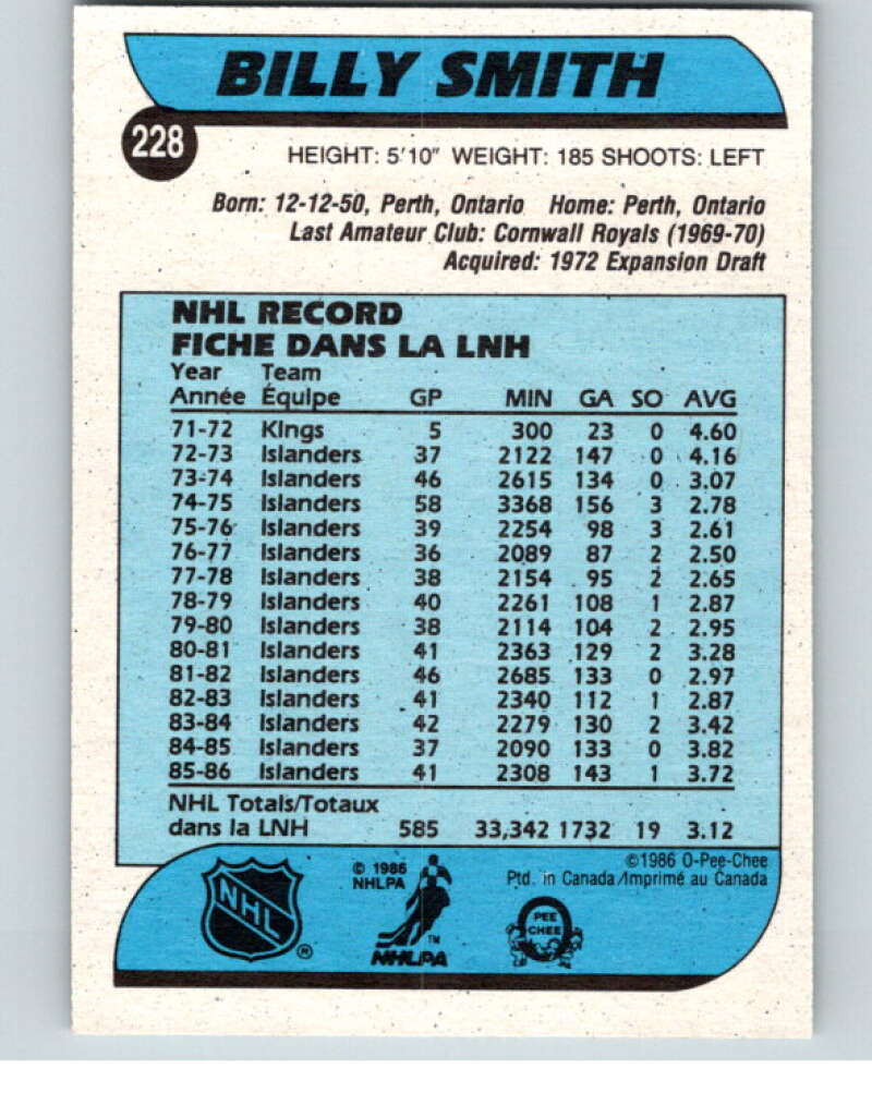 1986-87 O-Pee-Chee #228 Billy Smith New York Islanders V63668 Image 2
