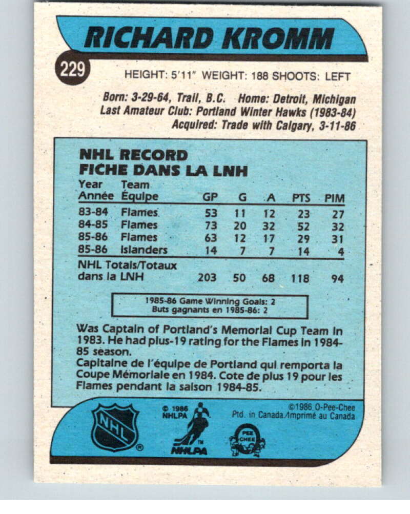 1986-87 O-Pee-Chee #229 Richard Kromm New York Islanders V63669 Image 2