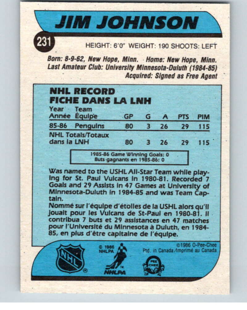 1986-87 O-Pee-Chee #231 Jim Johnson RC Rookie Pittsburgh Penguins V63673 Image 2
