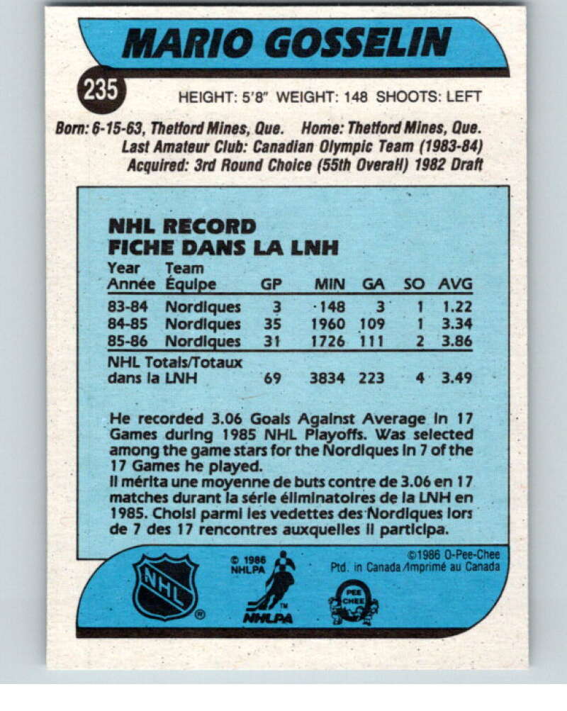 1986-87 O-Pee-Chee #235 Mario Gosselin Quebec Nordiques V63680 Image 2