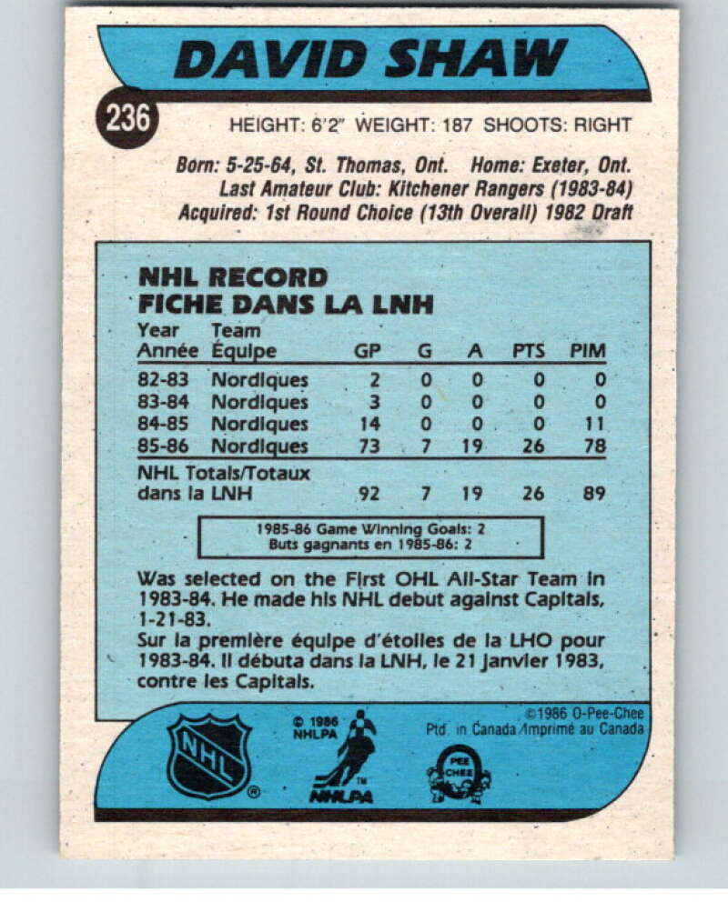 1986-87 O-Pee-Chee #236 David Shaw RC Rookie Quebec Nordiques V63683 Image 2