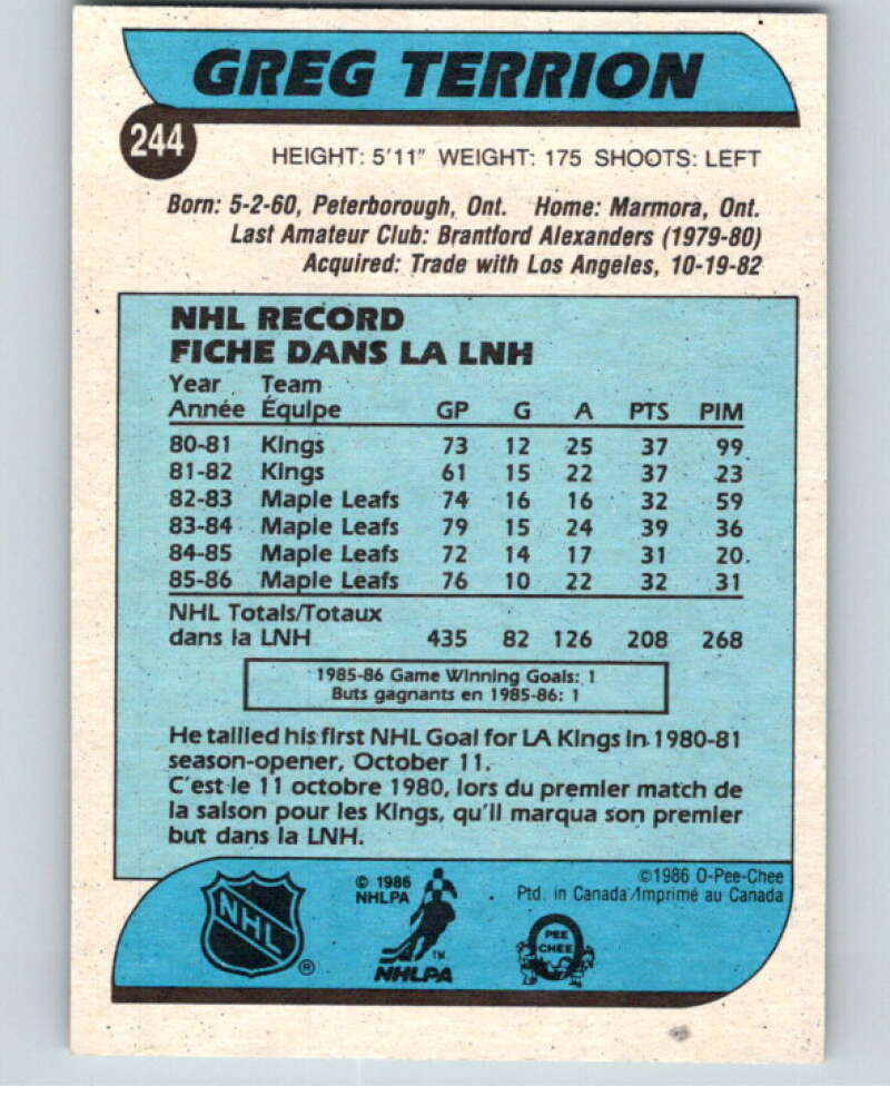 1986-87 O-Pee-Chee #244 Greg Terrion Toronto Maple Leafs V63699 Image 2