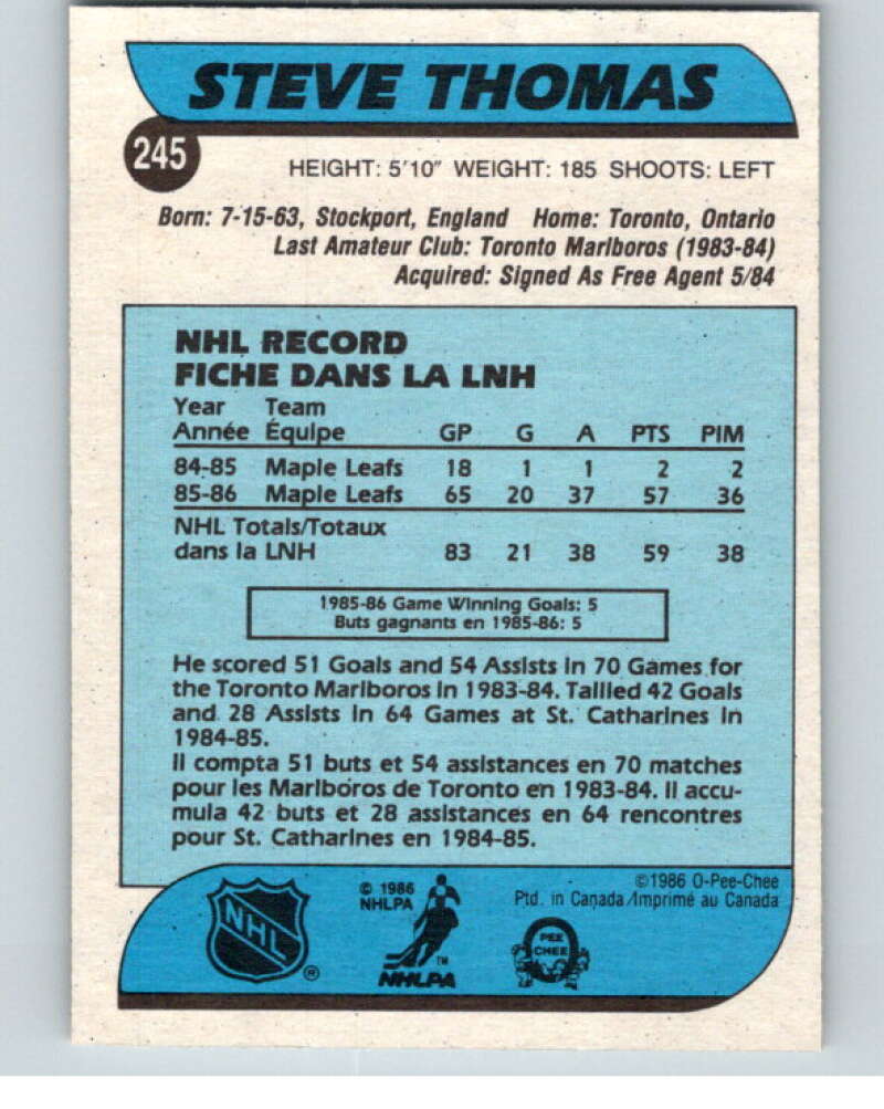 1986-87 O-Pee-Chee #245 Steve Thomas RC Rookie Maple Leafs V63700 Image 2