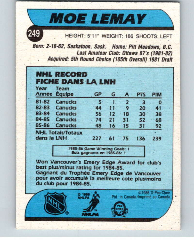 1986-87 O-Pee-Chee #249 Moe Lemay UER Vancouver Canucks V63705 Image 2