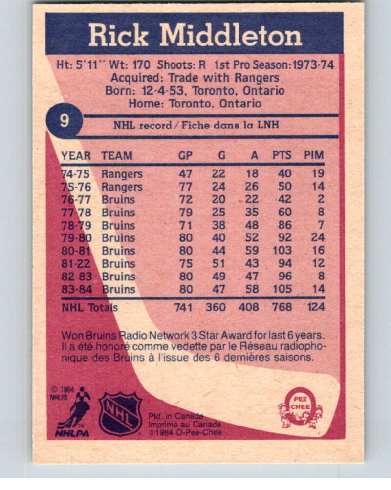 1984-85 O-Pee-Chee #9 Rick Middleton  Boston Bruins  V63761 Image 2