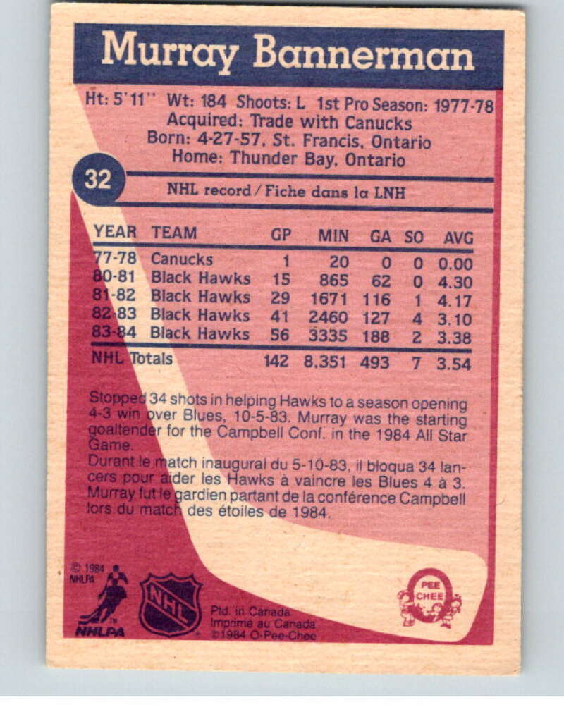 1984-85 O-Pee-Chee #32 Murray Bannerman  Chicago Blackhawks  V63824 Image 2