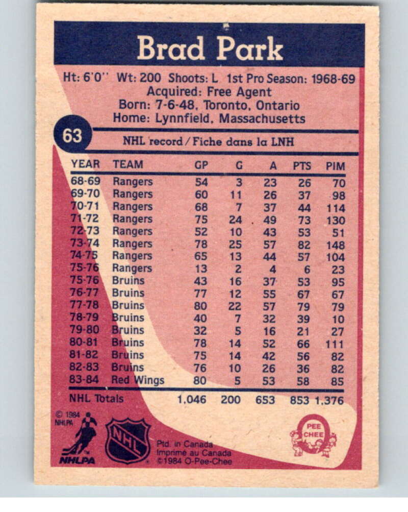 1984-85 O-Pee-Chee #63 Brad Park Detroit Red Wings V63919 Image 2