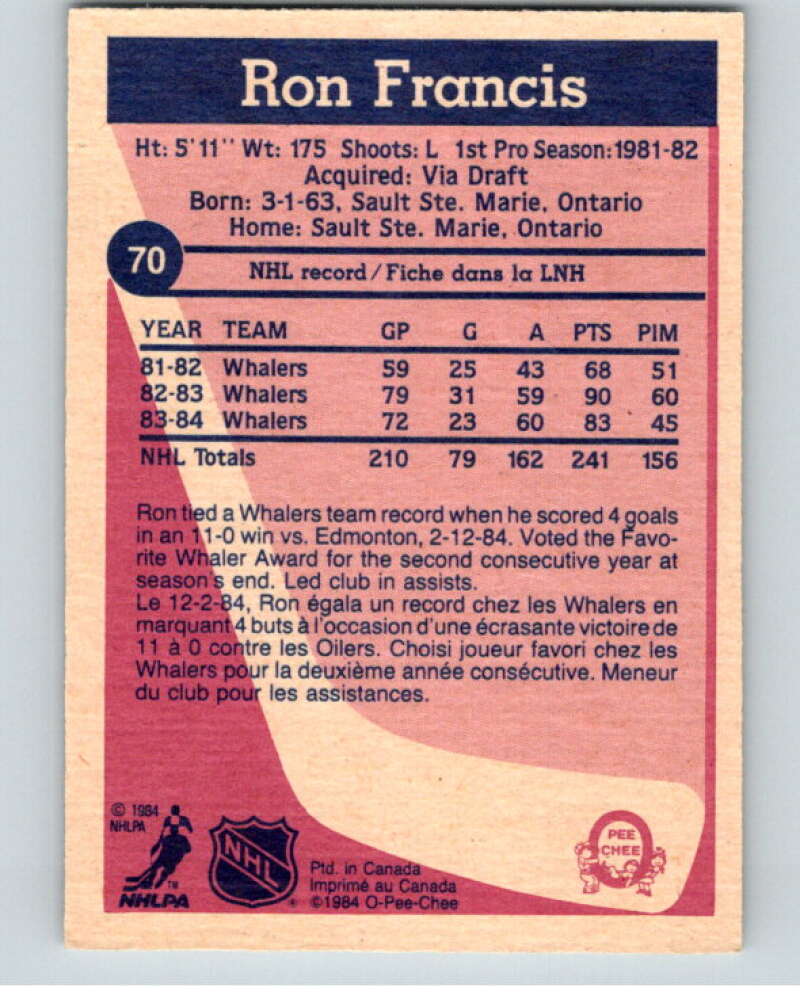 1984-85 O-Pee-Chee #70 Ron Francis Hartford Whalers V63936 Image 2