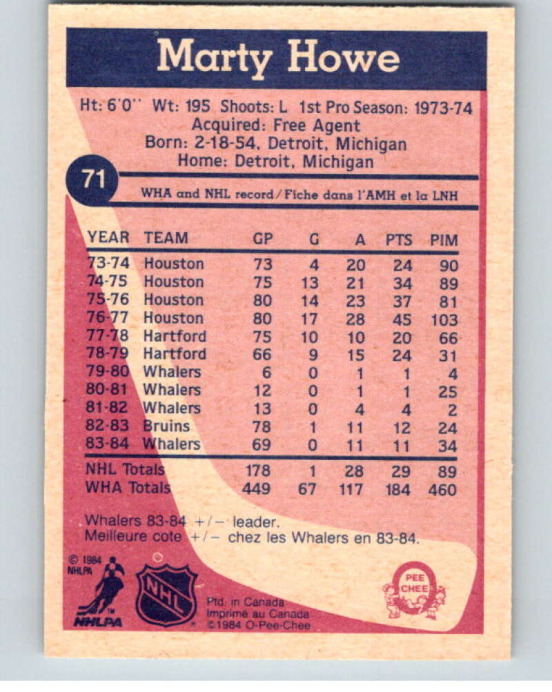 1984-85 O-Pee-Chee #71 Marty Howe Hartford Whalers V63939 Image 2