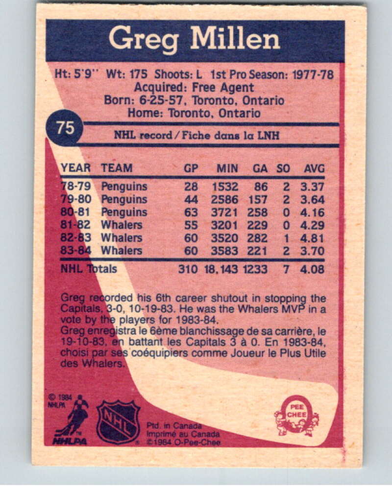 1984-85 O-Pee-Chee #75 Greg Millen Hartford Whalers V63950 Image 2