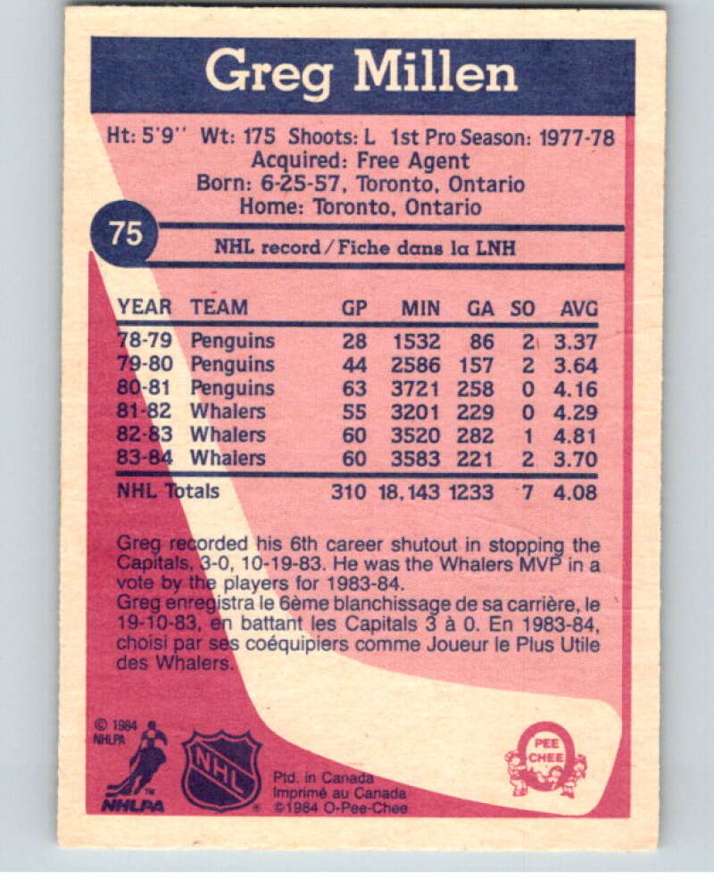 1984-85 O-Pee-Chee #75 Greg Millen Hartford Whalers V63951 Image 2