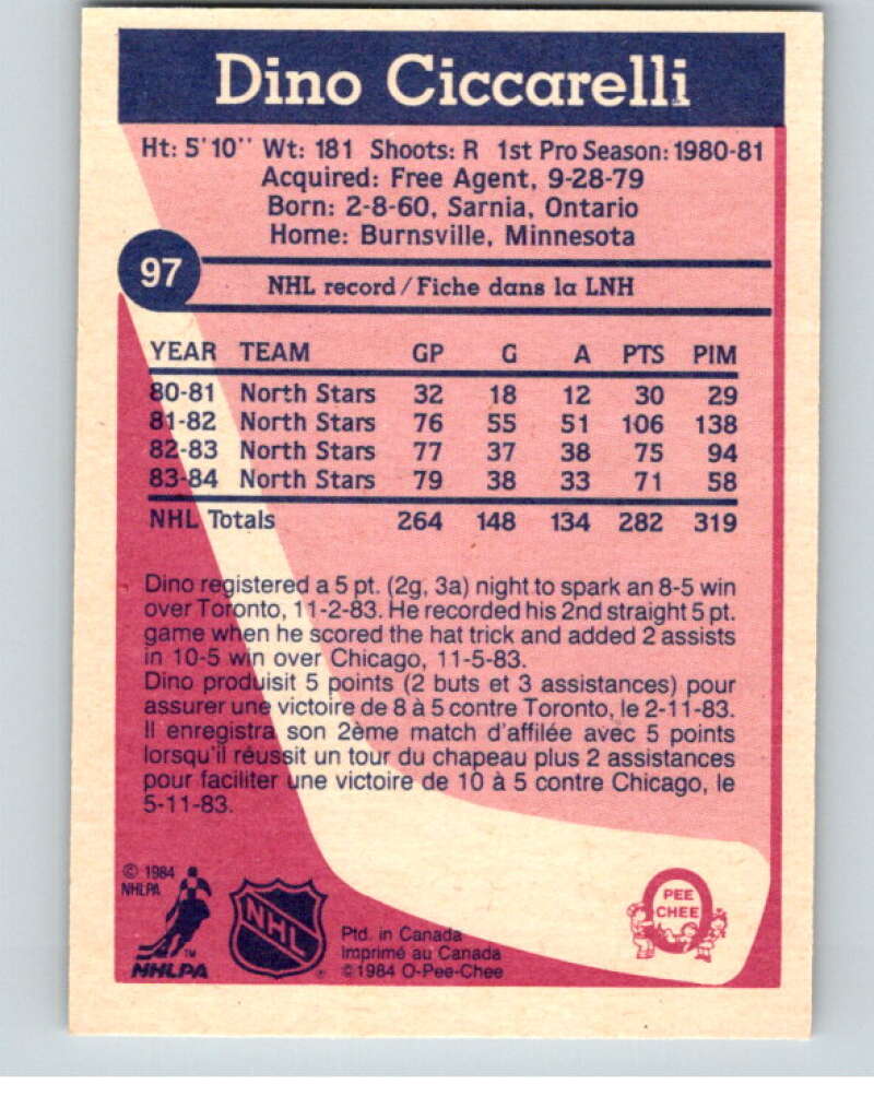 1984-85 O-Pee-Chee #97 Dino Ciccarelli Minnesota North Stars V64005 Image 2