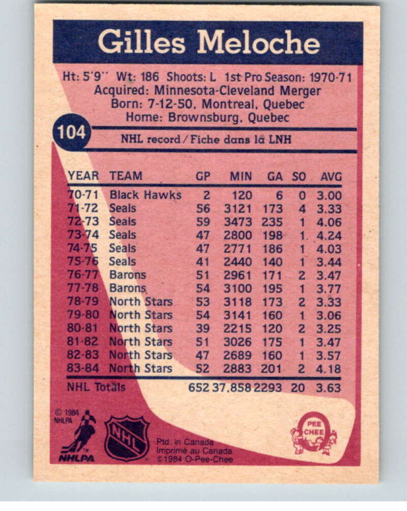 1984-85 O-Pee-Chee #104 Gilles Meloche Minnesota North Stars V64024 Image 2