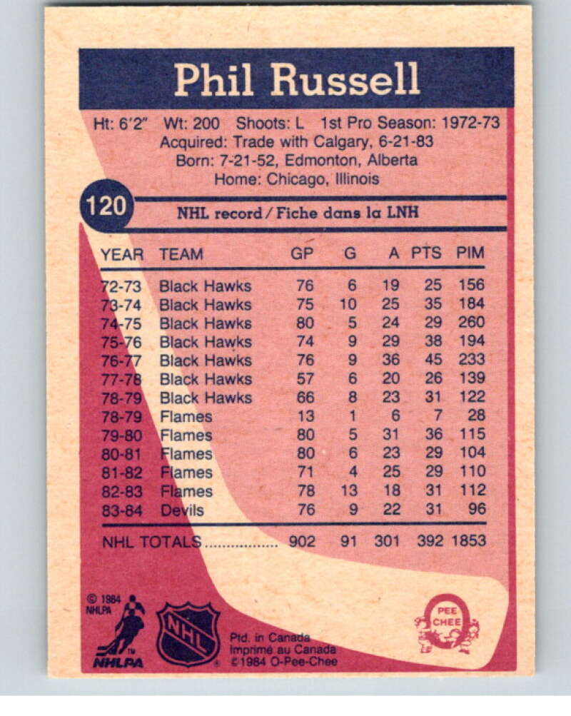 1984-85 O-Pee-Chee #120 Phil Russell New Jersey Devils V64072 Image 2