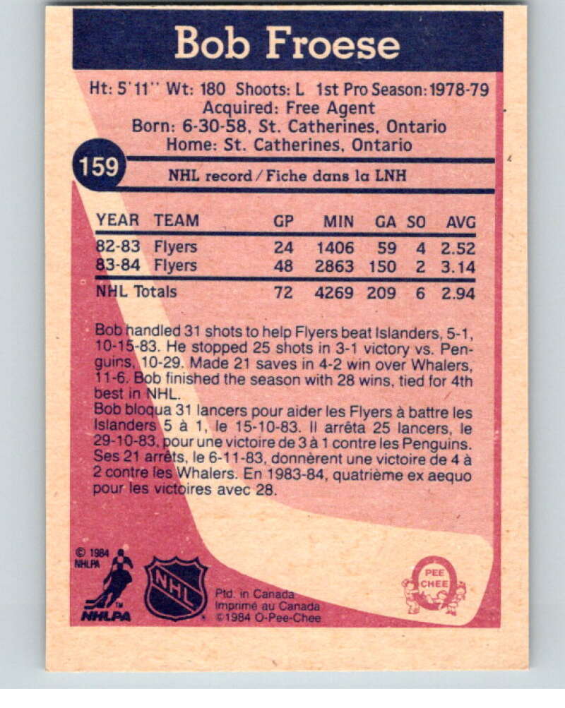 1984-85 O-Pee-Chee #159 Bob Froese Philadelphia Flyers V64174 Image 2