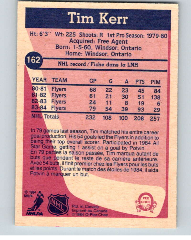 1984-85 O-Pee-Chee #162 Tim Kerr Philadelphia Flyers V64179 Image 2