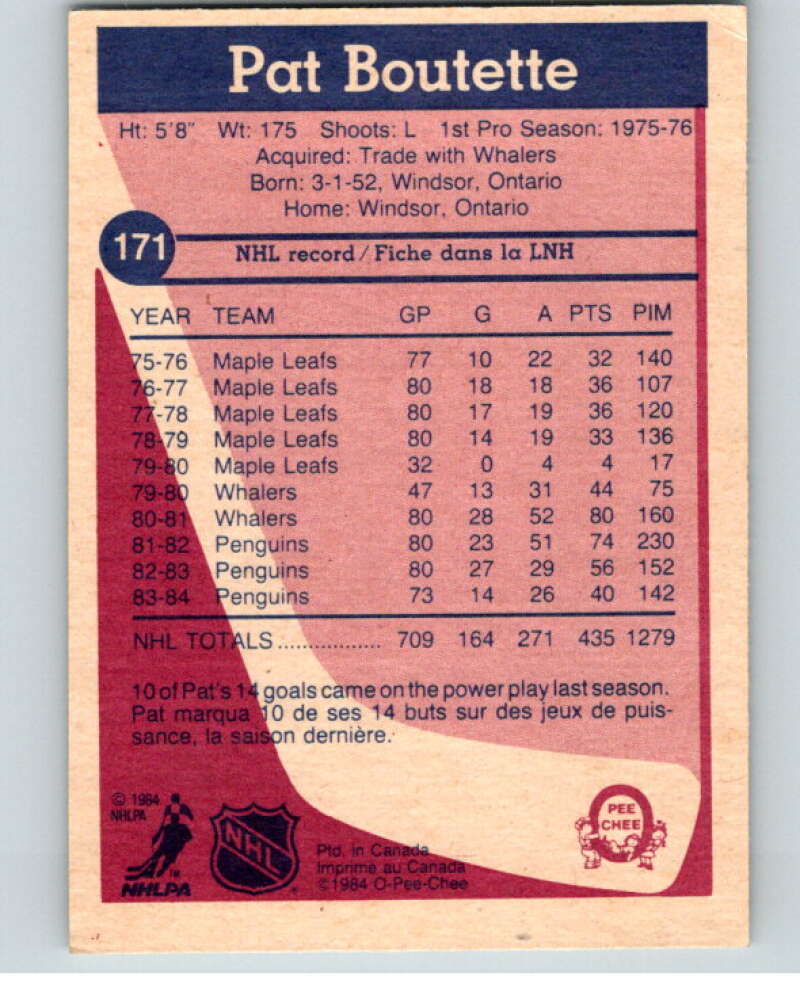 1984-85 O-Pee-Chee #171 Pat Boutette Pittsburgh Penguins V64206 Image 2