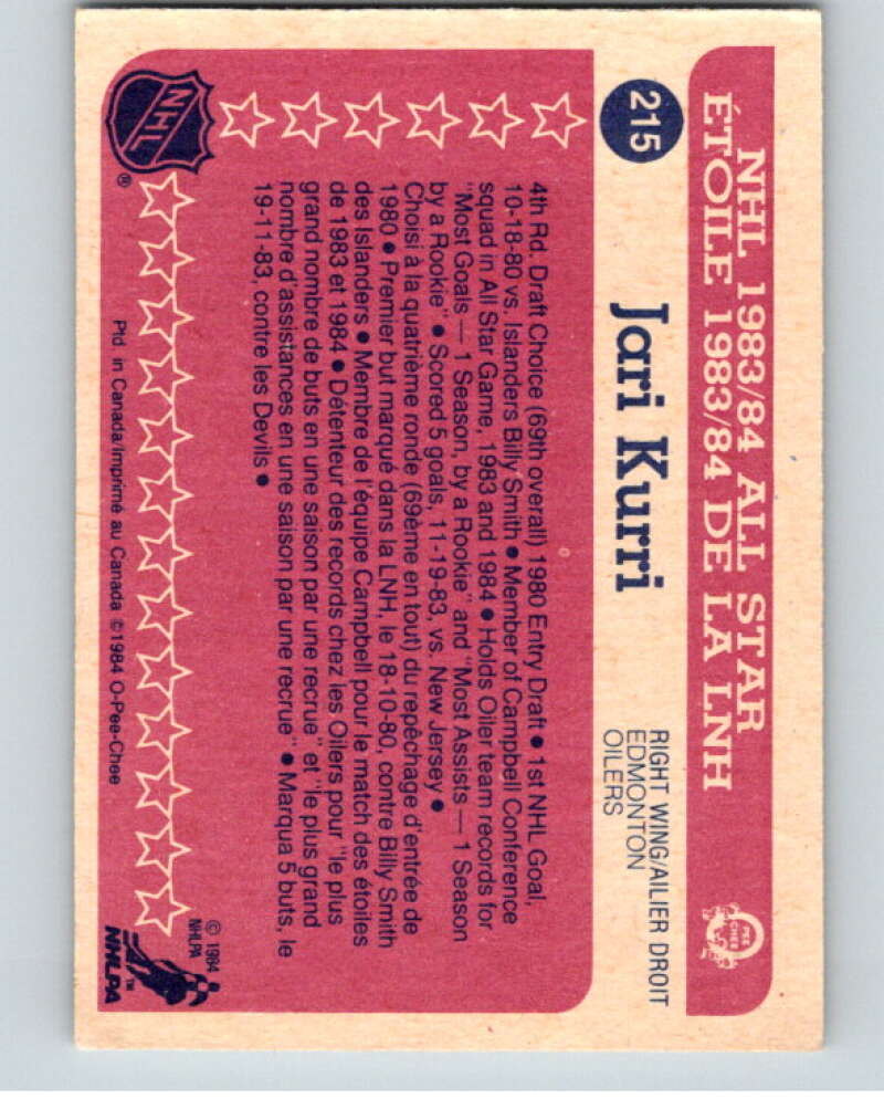 1984-85 O-Pee-Chee #215 Jari Kurri AS Edmonton Oilers V64310 Image 2