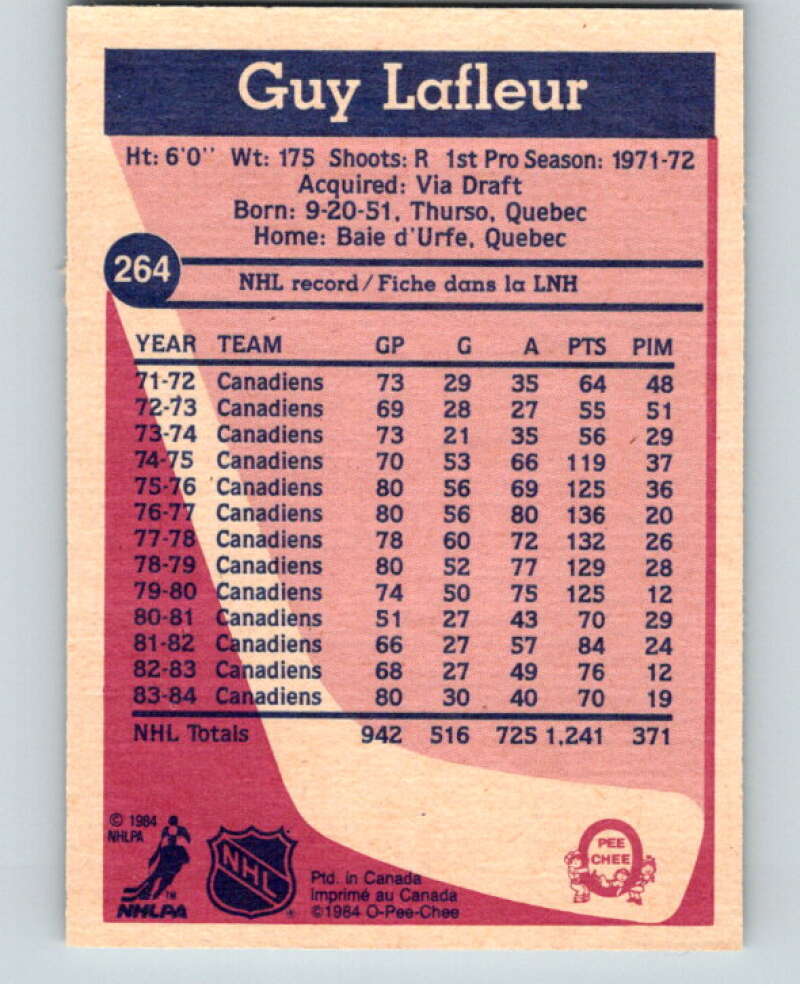 1984-85 O-Pee-Chee #264 Guy Lafleur Montreal Canadiens V64433 Image 2