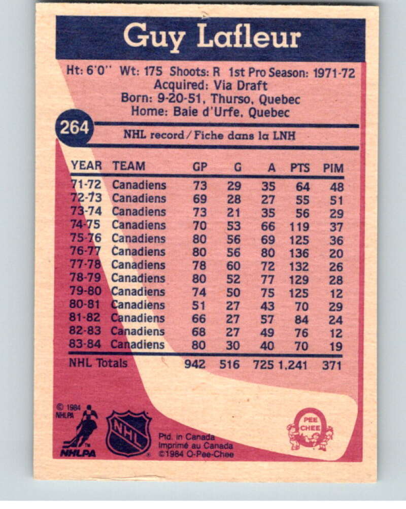 1984-85 O-Pee-Chee #264 Guy Lafleur Montreal Canadiens V64434 Image 2