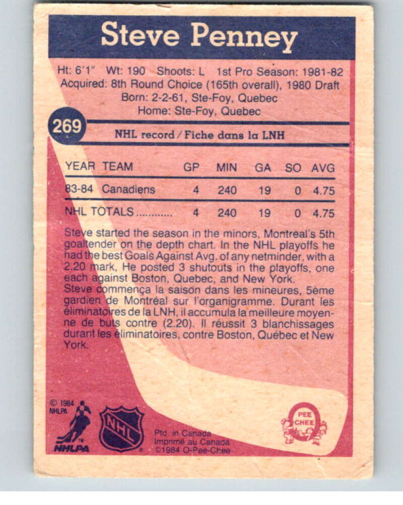 1984-85 O-Pee-Chee #269 Steve Penney RC Rookie Montreal Canadiens V64446 Image 2