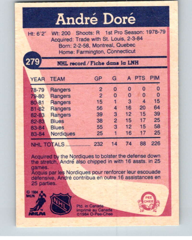 1984-85 O-Pee-Chee #279 Andre Dore Quebec Nordiques V64474 Image 2