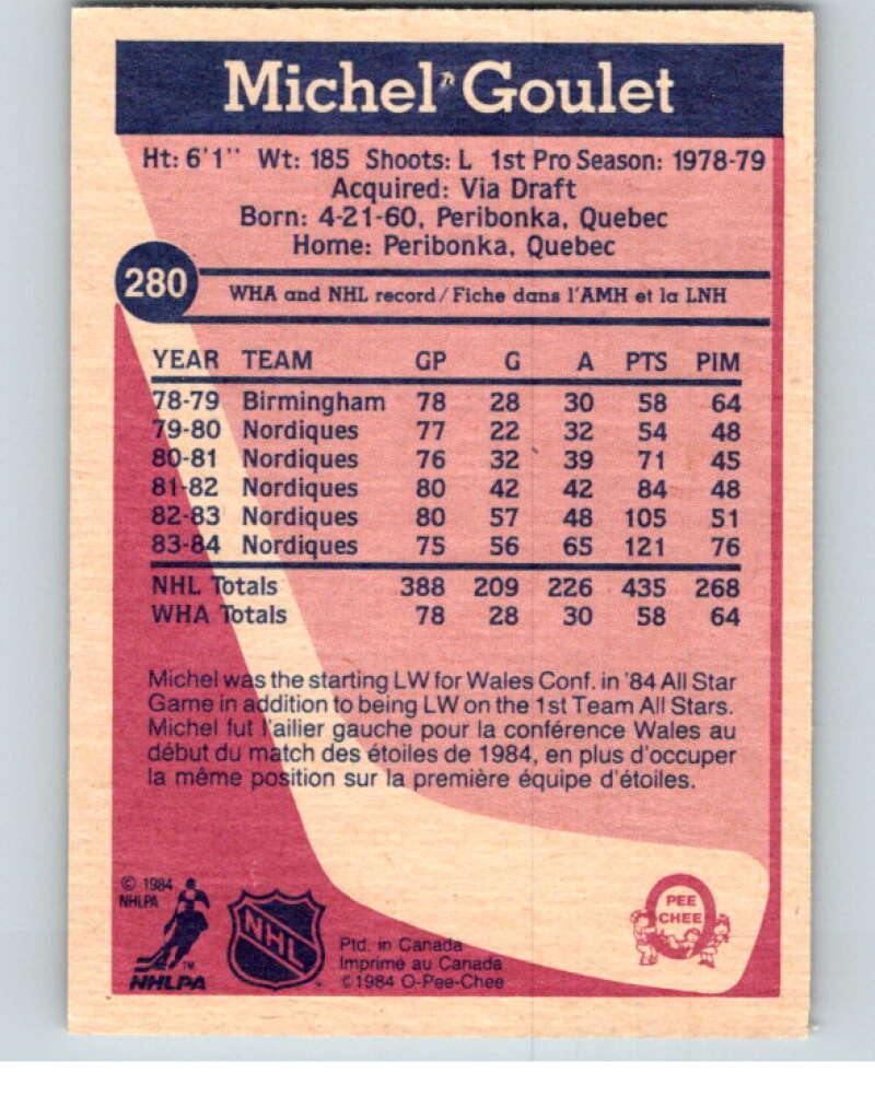 1984-85 O-Pee-Chee #280 Michel Goulet Quebec Nordiques V64475 Image 2
