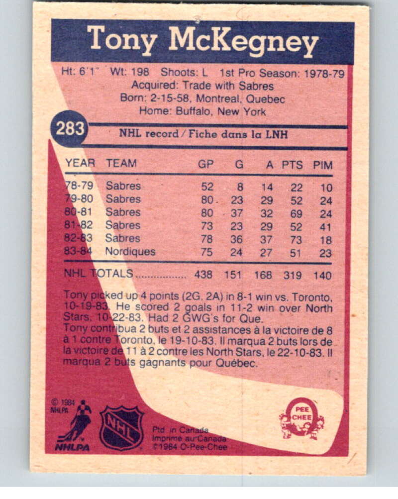 1984-85 O-Pee-Chee #283 Tony McKegney Quebec Nordiques V64484 Image 2