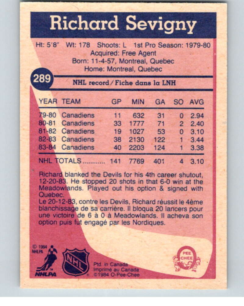 1984-85 O-Pee-Chee #289 Richard Sevigny Quebec Nordiques V64505 Image 2