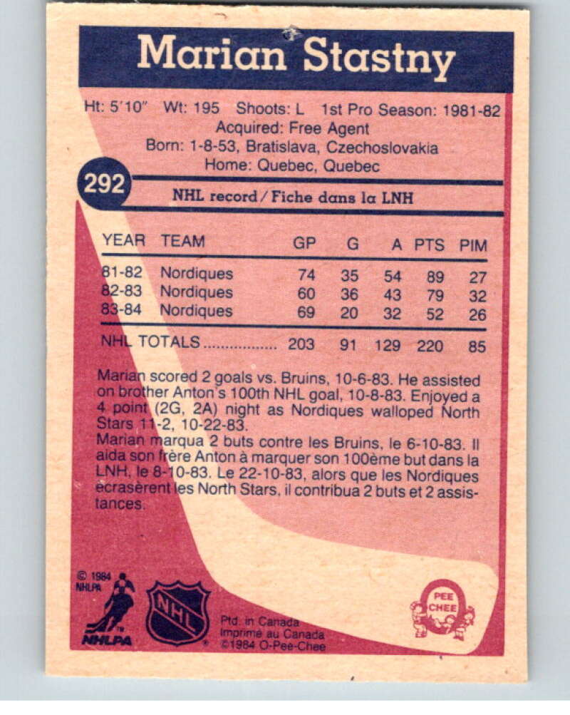 1984-85 O-Pee-Chee #292 Marian Stastny Quebec Nordiques V64511 Image 2