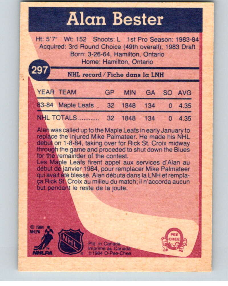 1984-85 O-Pee-Chee #297 Allan Bester UER RC Rookie Toronto Maple Leafs V64526 Image 2