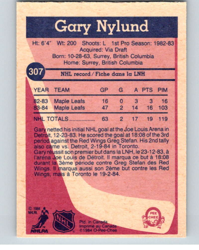 1984-85 O-Pee-Chee #307 Gary Nylund RC Rookie Toronto Maple Leafs V64557 Image 2