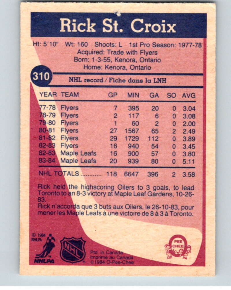 1984-85 O-Pee-Chee #310 Rick St. Croix Toronto Maple Leafs V64564 Image 2
