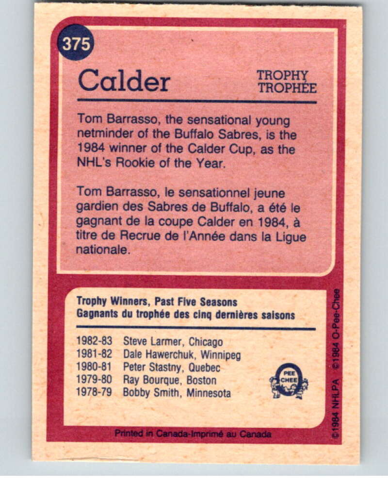 1984-85 O-Pee-Chee #375 Tom Barrasso TR Buffalo Sabres V64738 Image 2