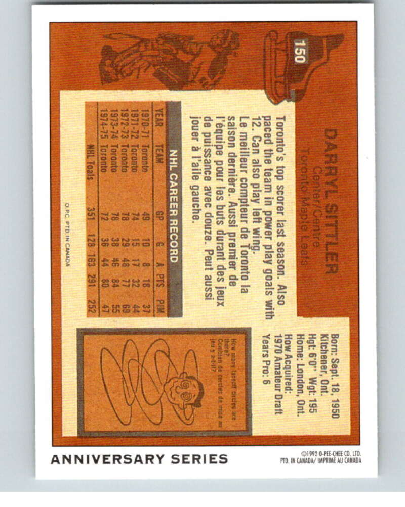 1992-93 O-Pee-Chee 25th Anniversary Inserts #8 Darryl Sittler V65060 Image 2