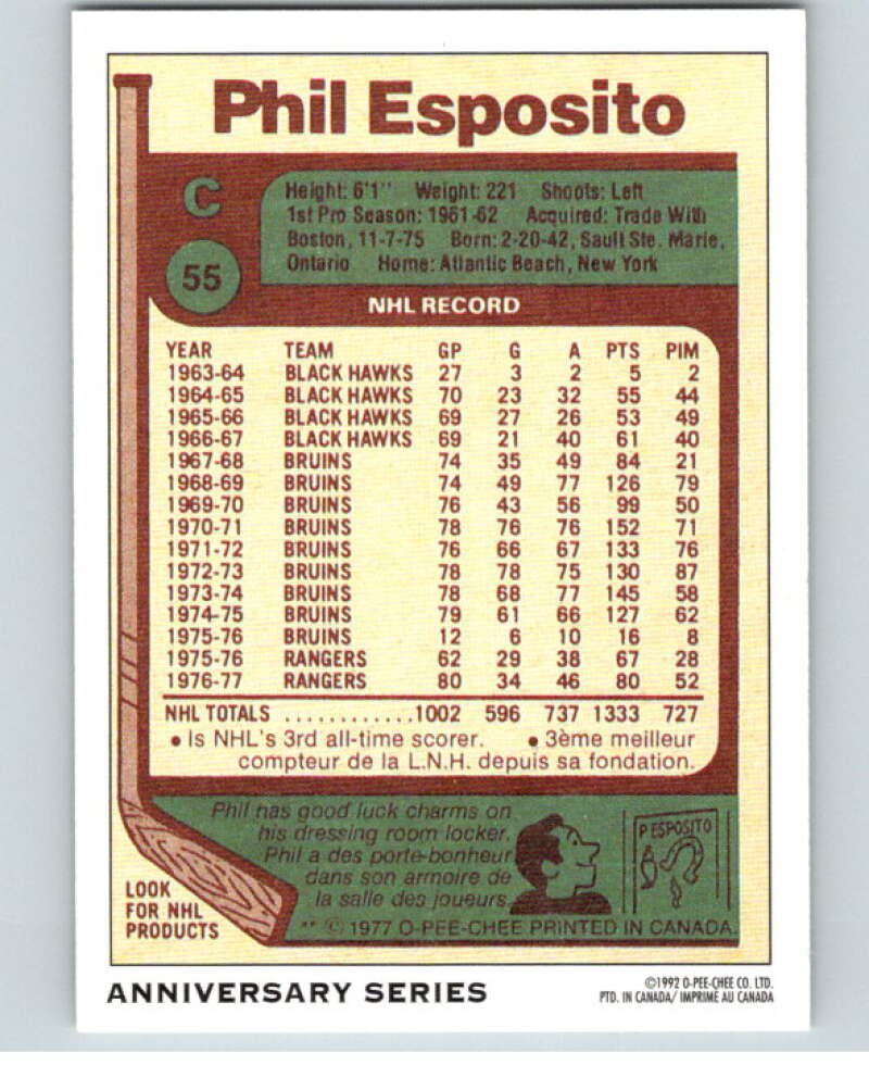1992-93 O-Pee-Chee 25th Anniversary Inserts #10 Phil Esposito V65072 Image 2