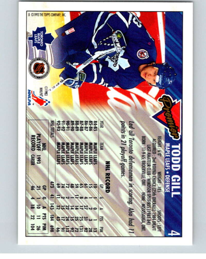 1993-94 Topps Premier Gold #4 Todd Gill Toronto Maple Leafs V65191 Image 2