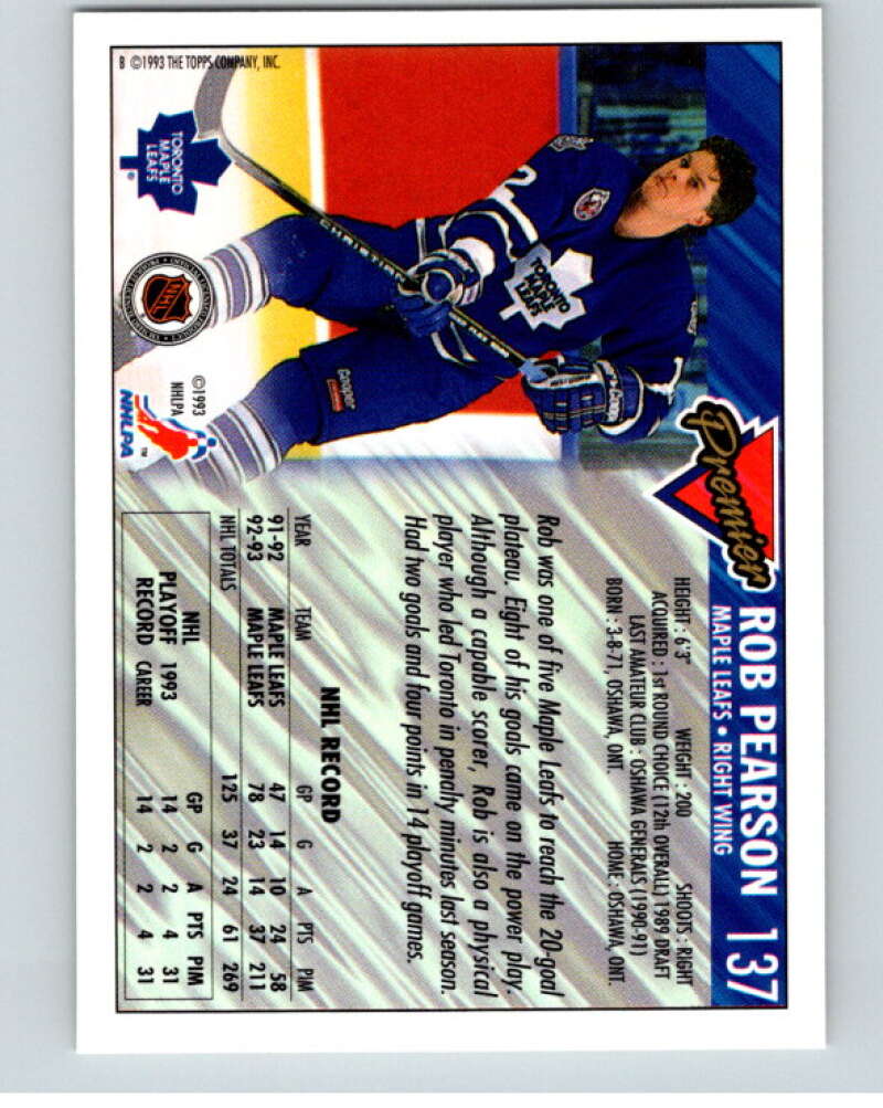 1993-94 Topps Premier Gold #137 Rob Pearson Toronto Maple Leafs V65220 Image 2