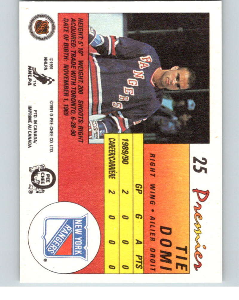 1990-91 OPC Premier #25 Tie Domi RC Rookie New York Rangers V65310 Image 2