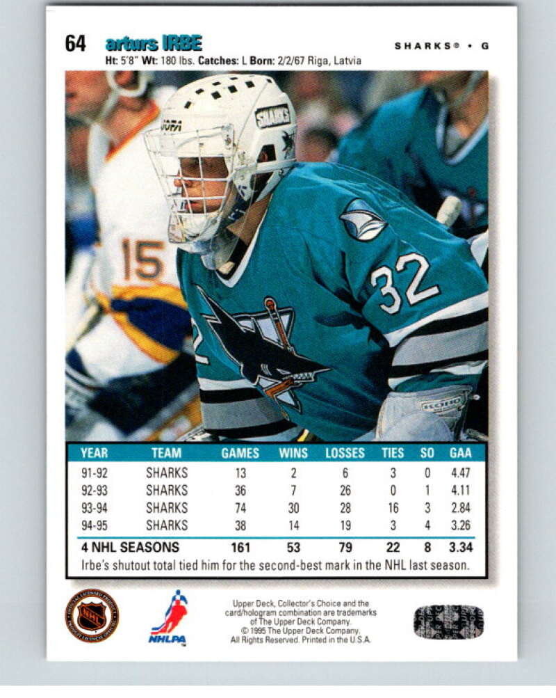1995-96 Collector's Choice Player's Club #64 Arturs Irbe San Jose Sharks V65536 Image 2