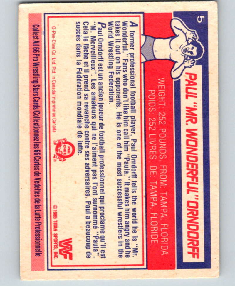 1985 O-Pee-Chee WWF #5 Paul Mr. Wonderful Orndorff V65681 Image 2