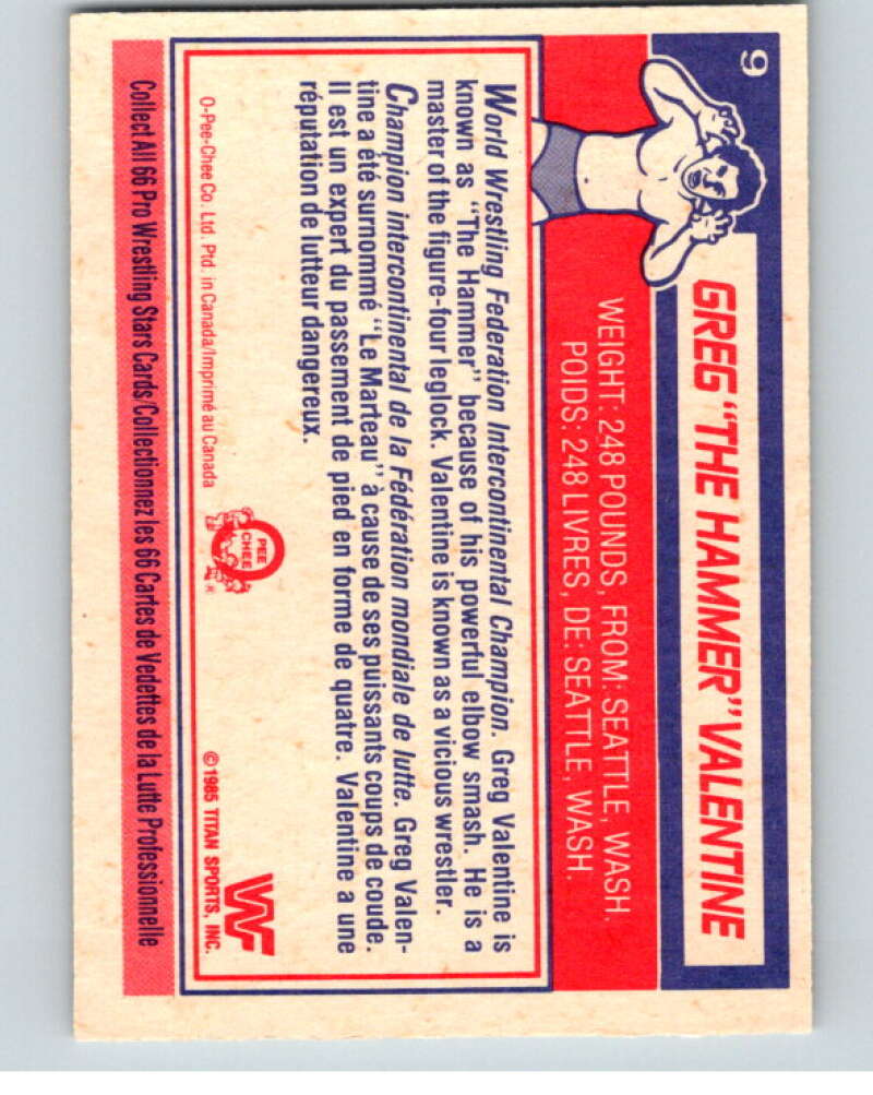1985 O-Pee-Chee WWF #9 Greg The Hammer Valentine V65688 Image 2