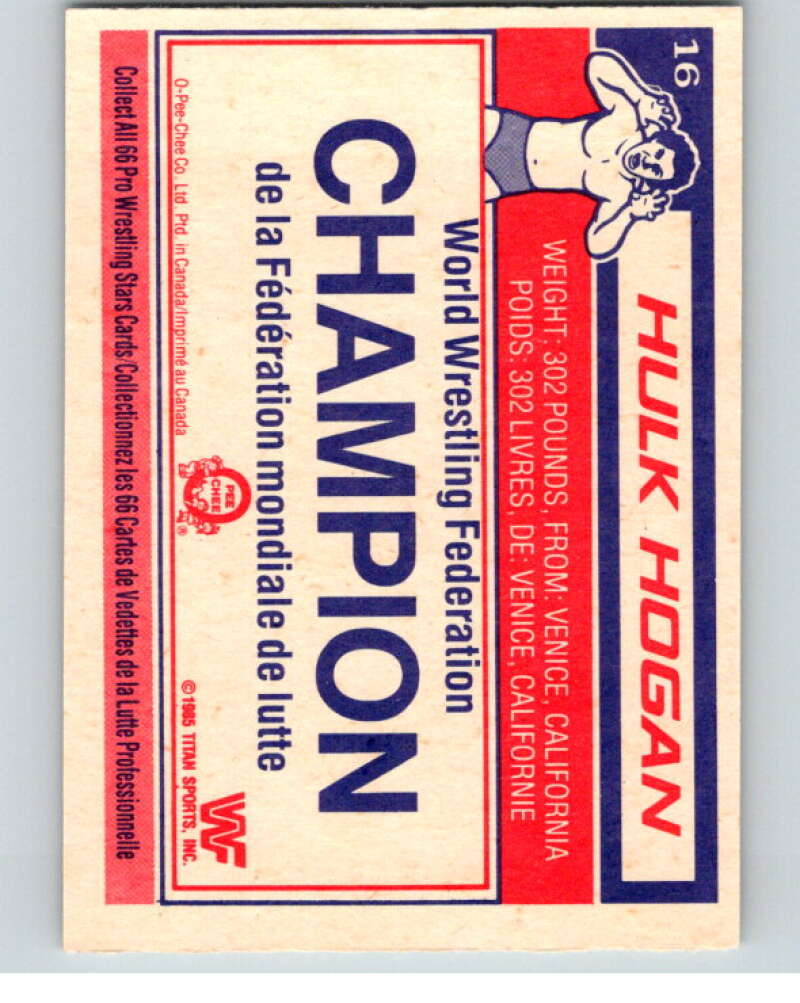 1985 O-Pee-Chee WWF #16 Hulk Hogan Rookie RC V65705 Image 2