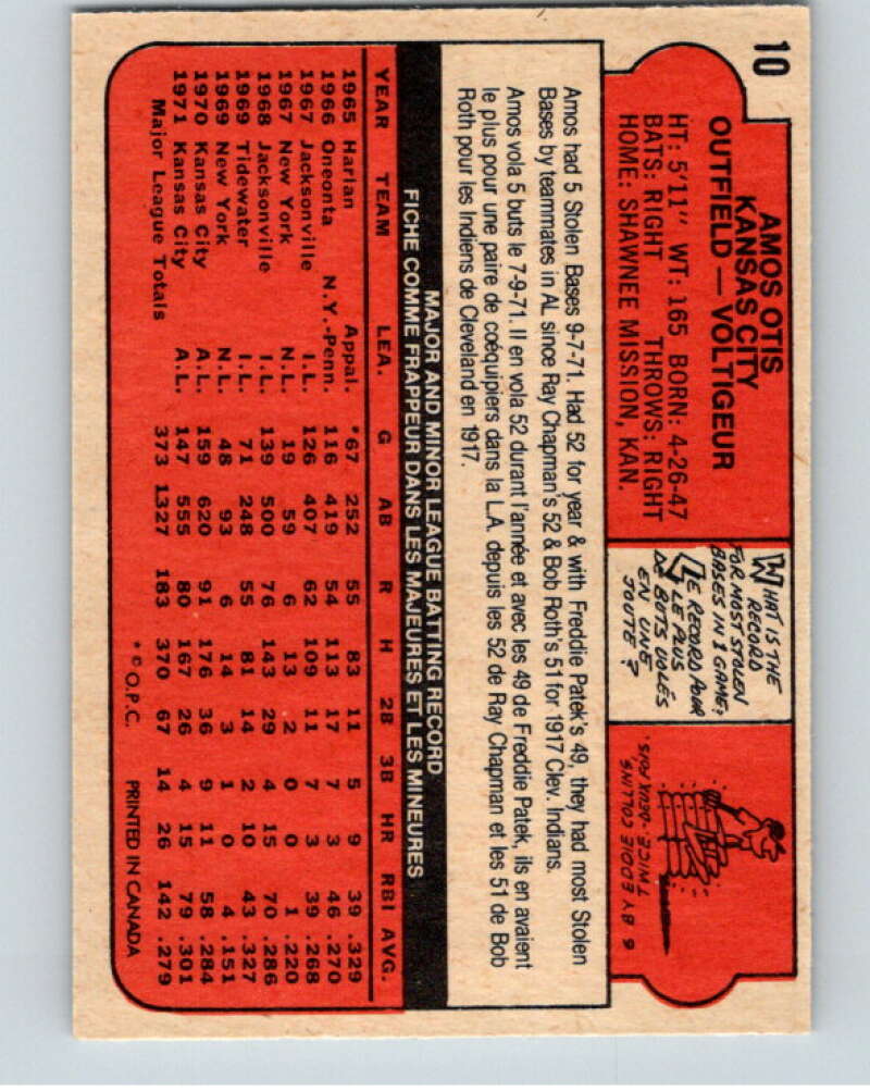 1972 O-Pee-Chee Baseball #10 Amos Otis Kansas City Royals V66038 Image 2
