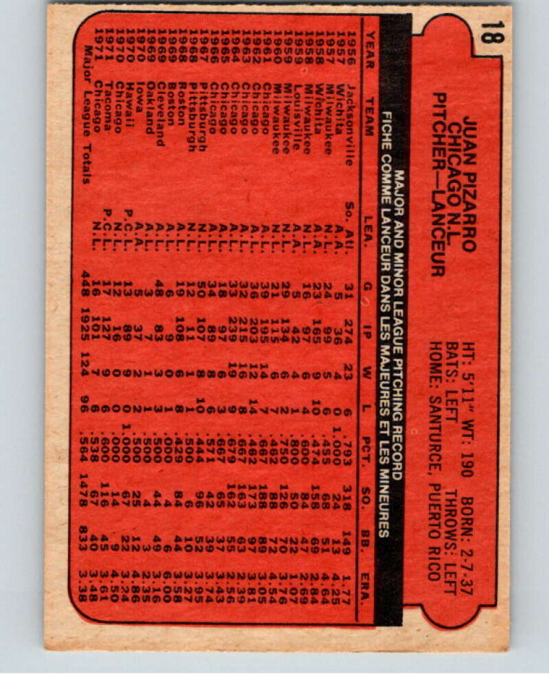 1972 O-Pee-Chee Baseball #18 Juan Pizarro Chicago Cubs V66059 Image 2