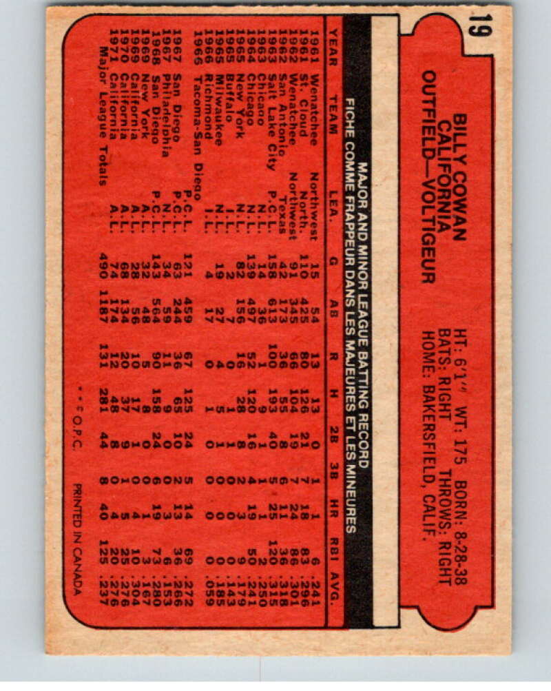 1972 O-Pee-Chee Baseball #19 Billy Cowan California Angels V66061 Image 2